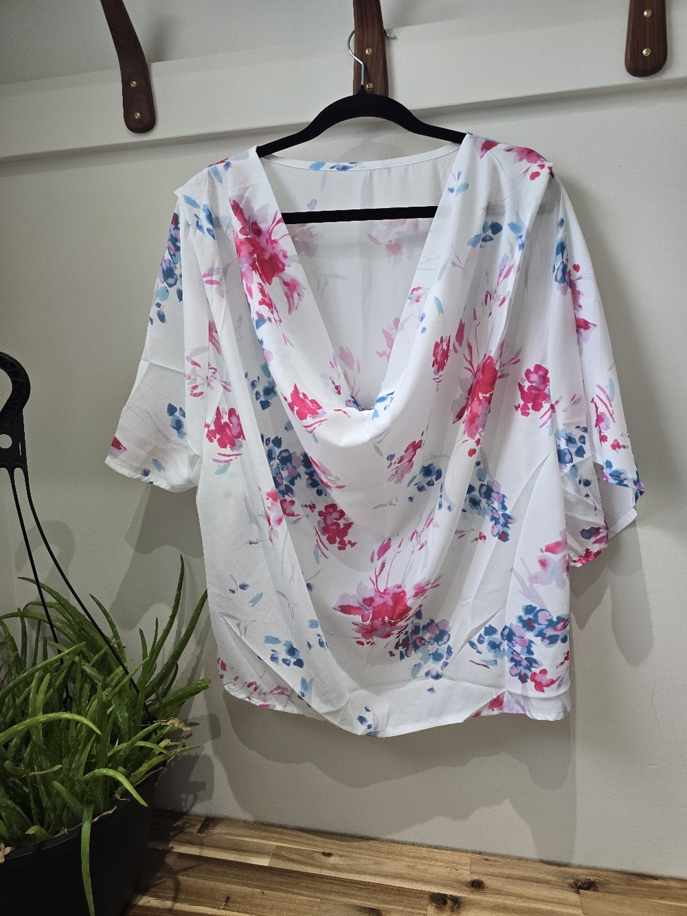 Women's Floral Cowl Neck Blouse - White with Pink & Blue Floral